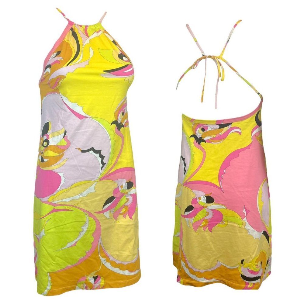 2000's vintage Emilio Pucci Firenze pink and yellow printed open back midi dress